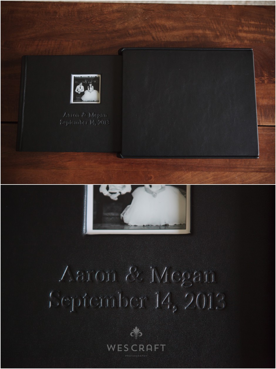 A distressed black leather was chosen for their cover and sleeve material.  A black and white photo decorates a square die-cut window.  Names are debossed.