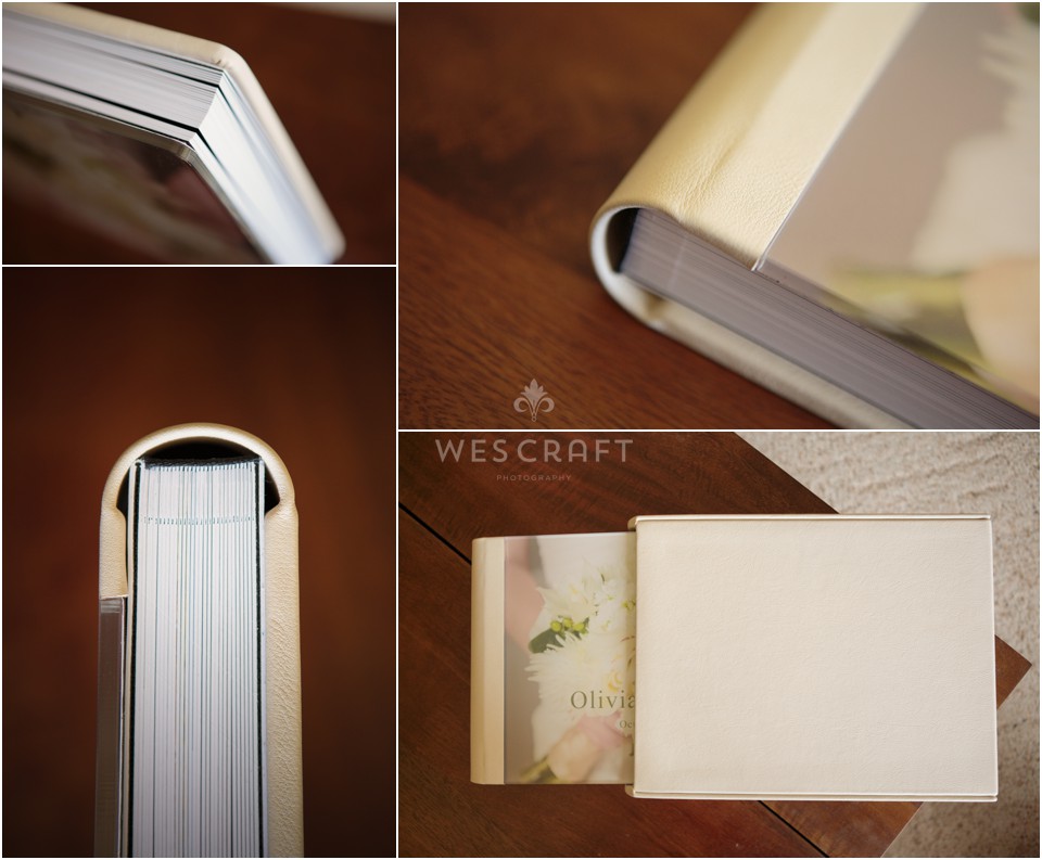 Here you can see the flush mount pages, the acrylic cover bound with ivory genuine leather.  Olivia ordered a sleeve for her album to protect it from light.