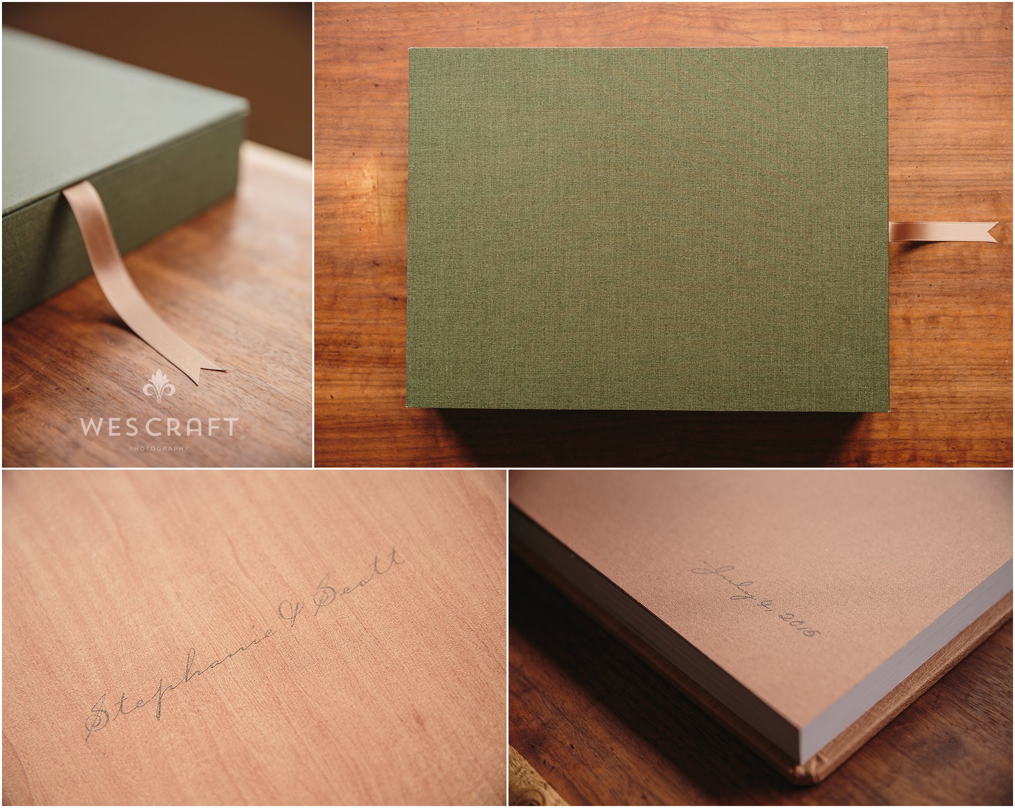 A hand chosen ribbon lifts your album out of it's custom made linen box. We chose moss green for this wooded themed wedding. The cover titles are overprinted in a Carpenter script on the Maple cover. 