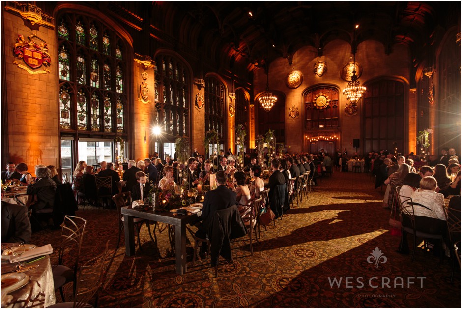 The wedding reception's head table in the Cathedral Room at the University Club of Chicago.