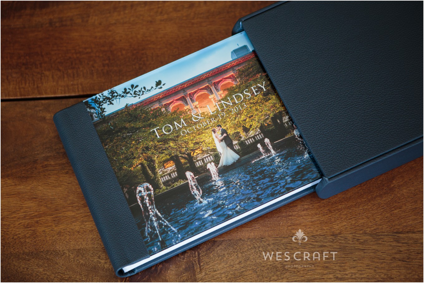 We helped Lindsey & Tom to choose a deep blue leather to anchor the colors in the primary cover photo.  The Acrylic plate seals a metallic print beneath it for a bold and colorful album cover.