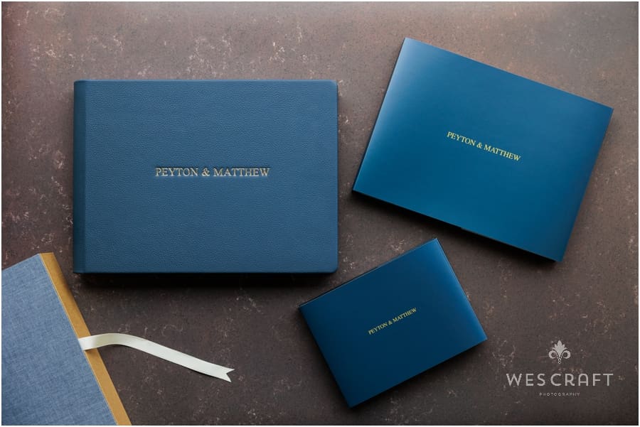 A Navy Blue Leather Wedding Album is accompanied by an 8x12" and a 6x8" hardback replica book.