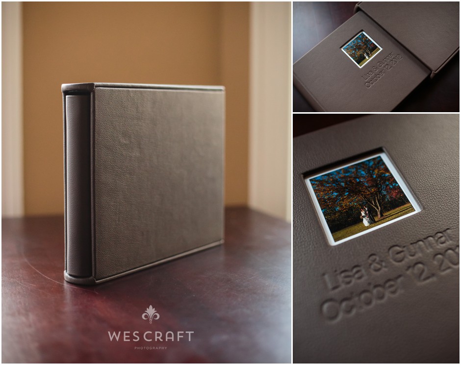 Our 14x10 album is shown with dark brown leather binding, a die cut window, and Helvetica debossed names and date.