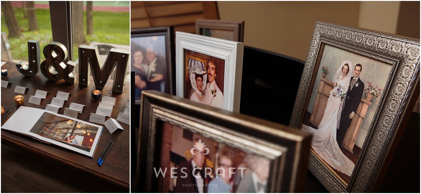 Photography was very important to Michael and Jennifer. I love how they tied in the family history with this wedding photo display as well as using some of our engagement photos in a guest sign in book.